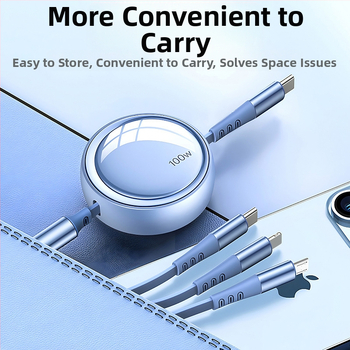 100W 3-в-1 USB кабел с автоматично разгъване за бързо зареждане: Lightning, USB-C и Micro USB