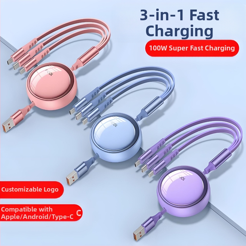 100W 3-v-1 skladací dátový kábel pre rýchle nabíjanie s konektormi Lightning, USB-C a Micro USB
