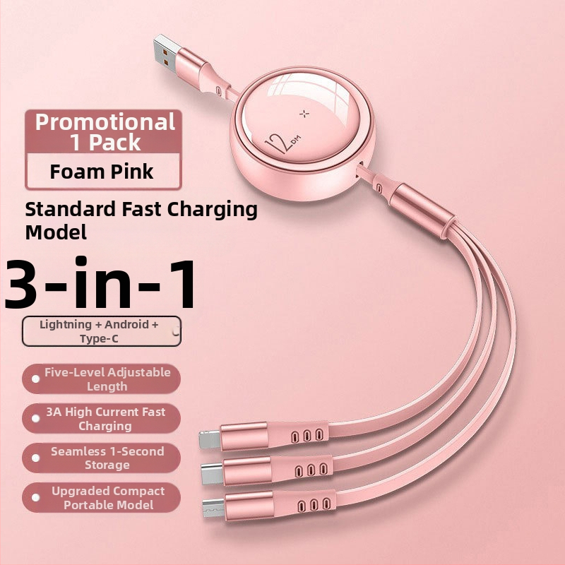 100W 3-v-1 skladací dátový kábel pre rýchle nabíjanie s konektormi Lightning, USB-C a Micro USB