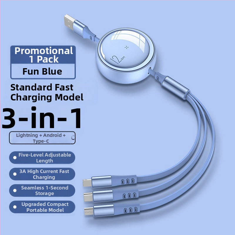 100W 3-v-1 skladací dátový kábel pre rýchle nabíjanie s konektormi Lightning, USB-C a Micro USB