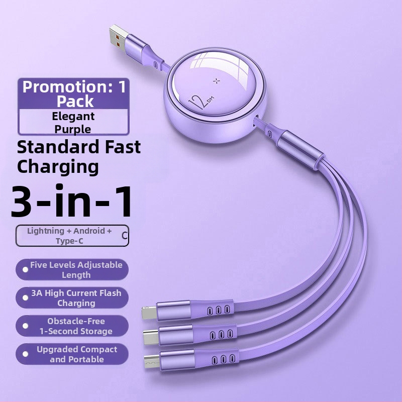 100W 3-v-1 skladací dátový kábel pre rýchle nabíjanie s konektormi Lightning, USB-C a Micro USB