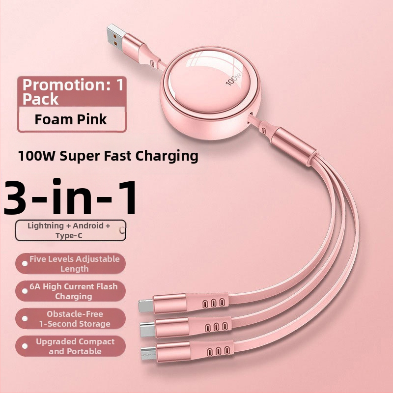 100W 3-v-1 skladací dátový kábel pre rýchle nabíjanie s konektormi Lightning, USB-C a Micro USB