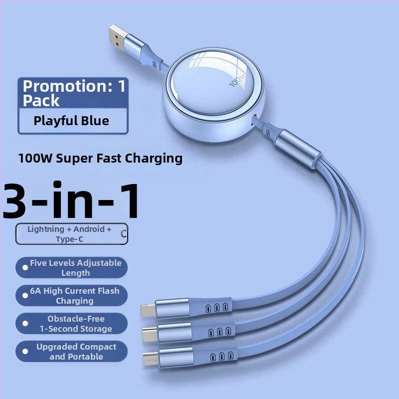 100W 3-v-1 skladací dátový kábel pre rýchle nabíjanie s konektormi Lightning, USB-C a Micro USB