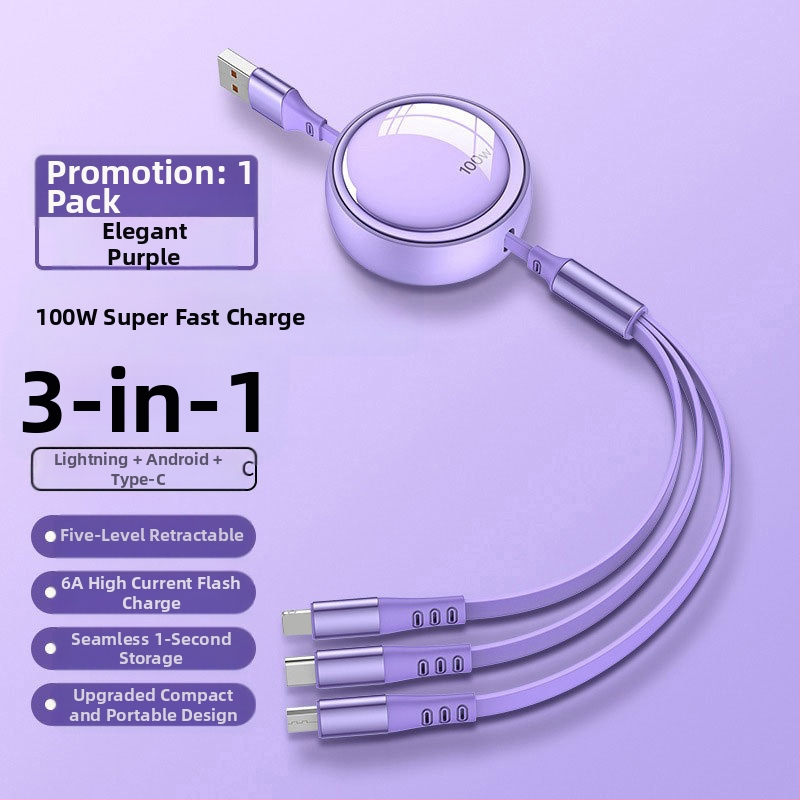 100W 3-v-1 skladací dátový kábel pre rýchle nabíjanie s konektormi Lightning, USB-C a Micro USB