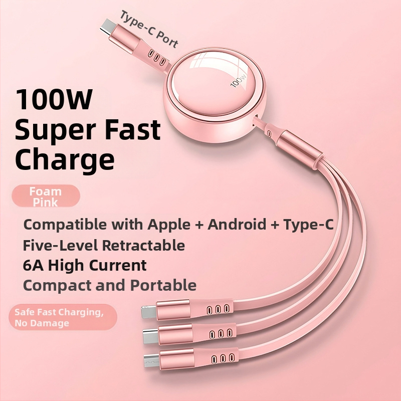 100W 3-v-1 skladací dátový kábel pre rýchle nabíjanie s konektormi Lightning, USB-C a Micro USB