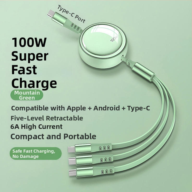 100W 3-v-1 skladací dátový kábel pre rýchle nabíjanie s konektormi Lightning, USB-C a Micro USB
