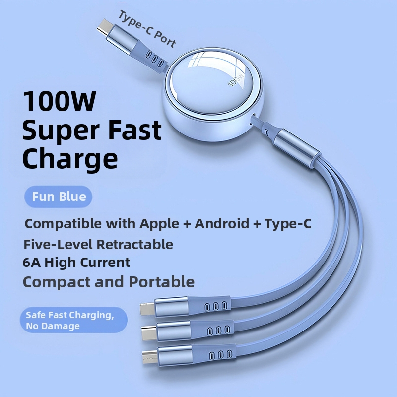 100W rýchle nabíjanie, 3 v 1 teleskopický dátový kábel s Lightning, Micro USB a USB-C, nastaviteľná dĺžka 1–2 m