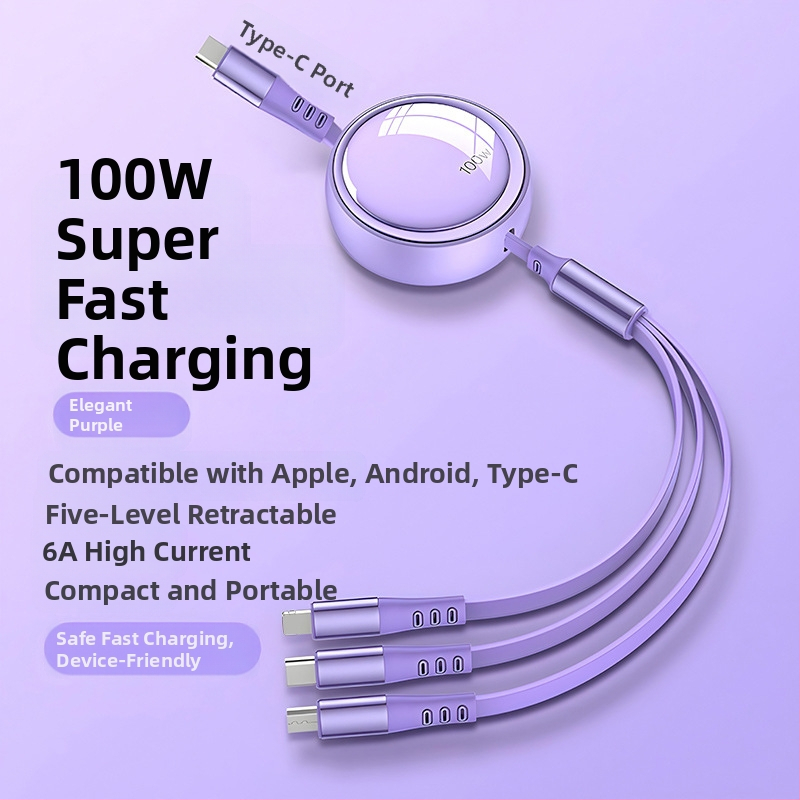 100W 3-v-1 skladací dátový kábel pre rýchle nabíjanie s konektormi Lightning, USB-C a Micro USB