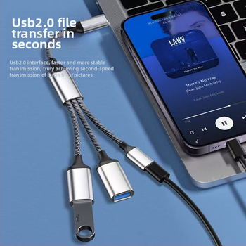 USB-C 3-port OTG hub, USB 2.0 interfeisas, varinis branduolys kabelis, 28 cm ilgis