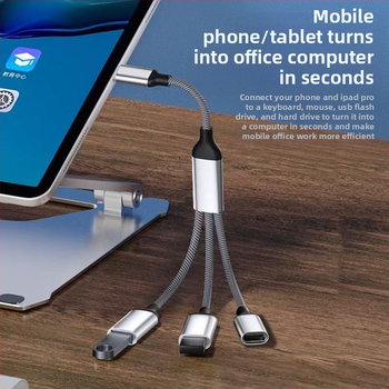 USB-C 3-port OTG hub, USB 2.0 interfeisas, varinis branduolys kabelis, 28 cm ilgis