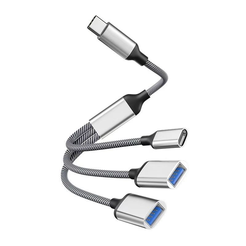 USB-C 3-port OTG hub, USB 2.0 interfeisas, varinis branduolys kabelis, 28 cm ilgis