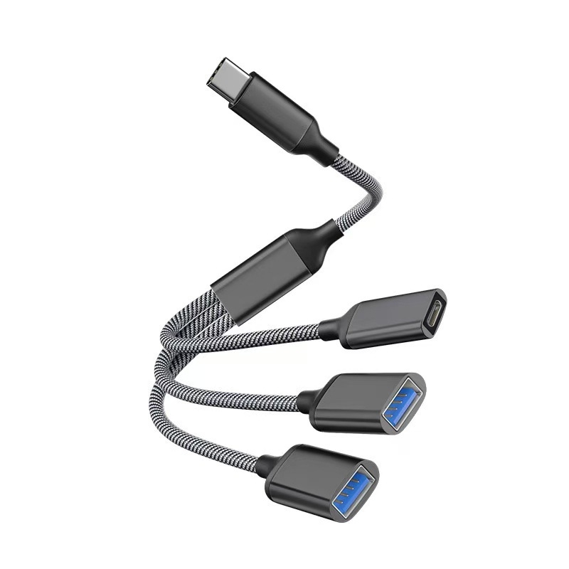 USB-C 3-port OTG hub, USB 2.0 interfeisas, varinis branduolys kabelis, 28 cm ilgis