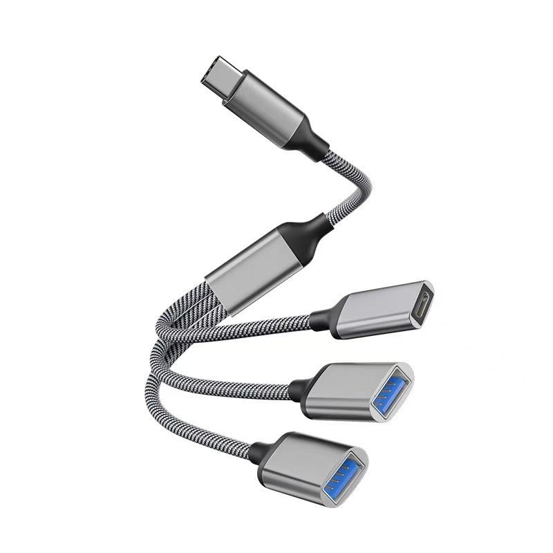 USB-C 3-port OTG hub, USB 2.0 interfeisas, varinis branduolys kabelis, 28 cm ilgis
