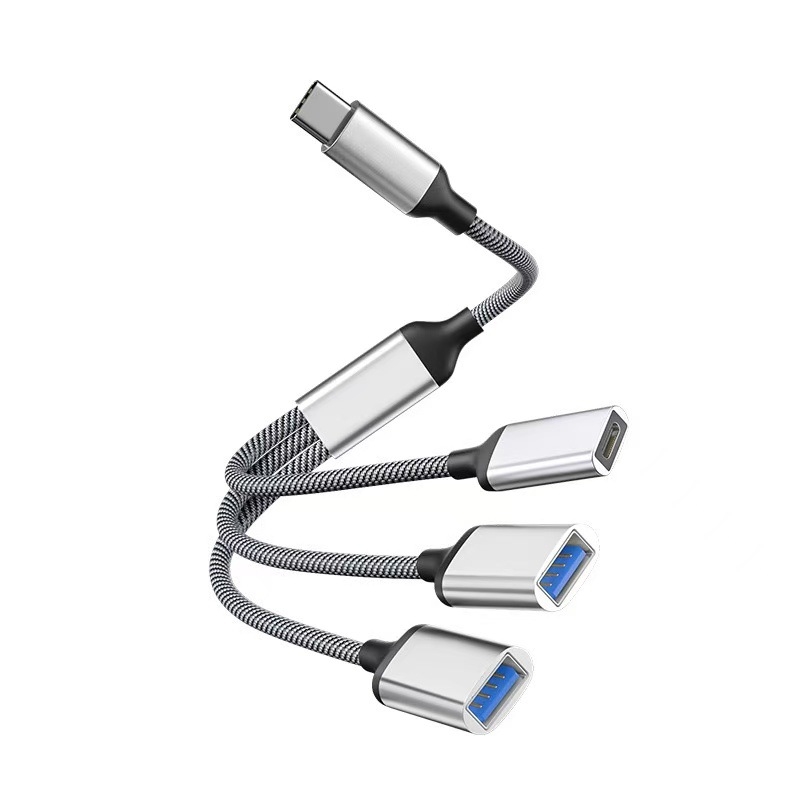 USB-C 3-port OTG hub, USB 2.0 interfeisas, varinis branduolys kabelis, 28 cm ilgis