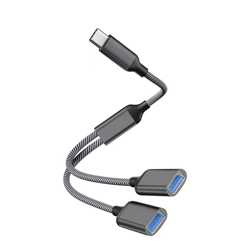 USB-C 3-port OTG hub, USB 2.0 interfeisas, varinis branduolys kabelis, 28 cm ilgis