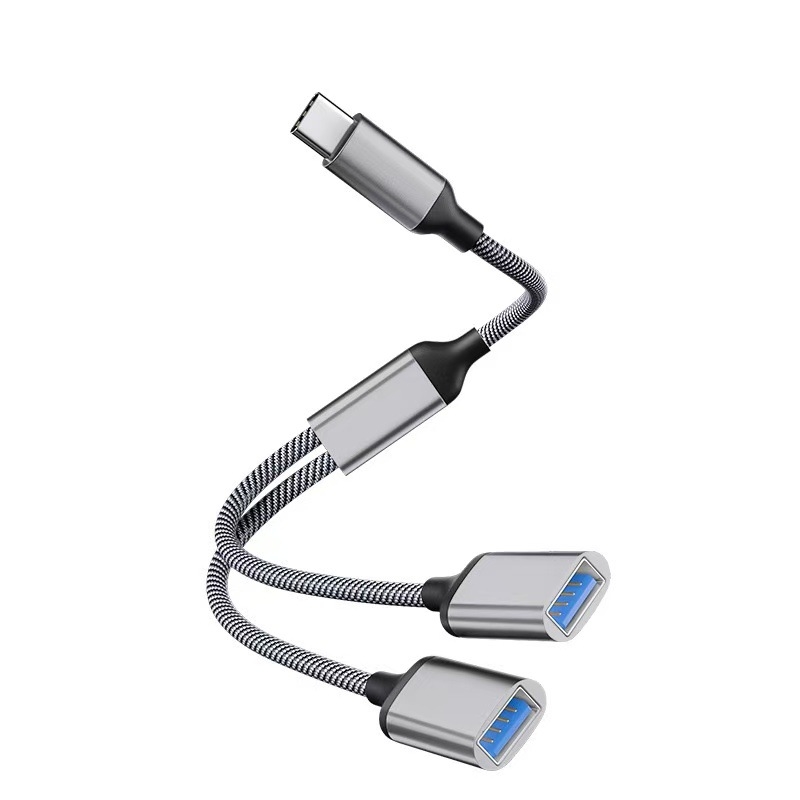 USB-C 3-port OTG hub, USB 2.0 interfeisas, varinis branduolys kabelis, 28 cm ilgis