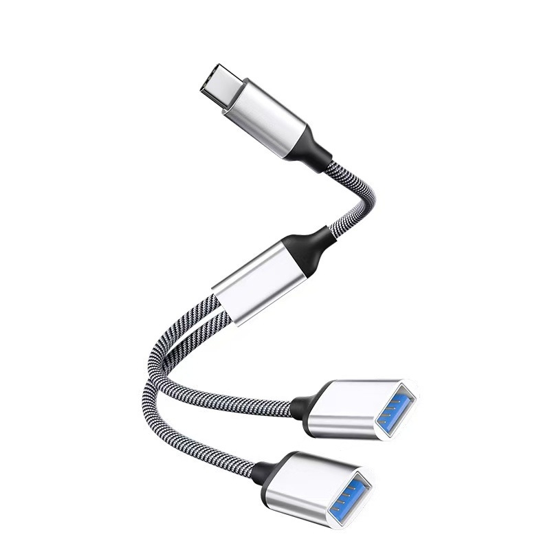 USB-C 3-port OTG hub, USB 2.0 interfeisas, varinis branduolys kabelis, 28 cm ilgis