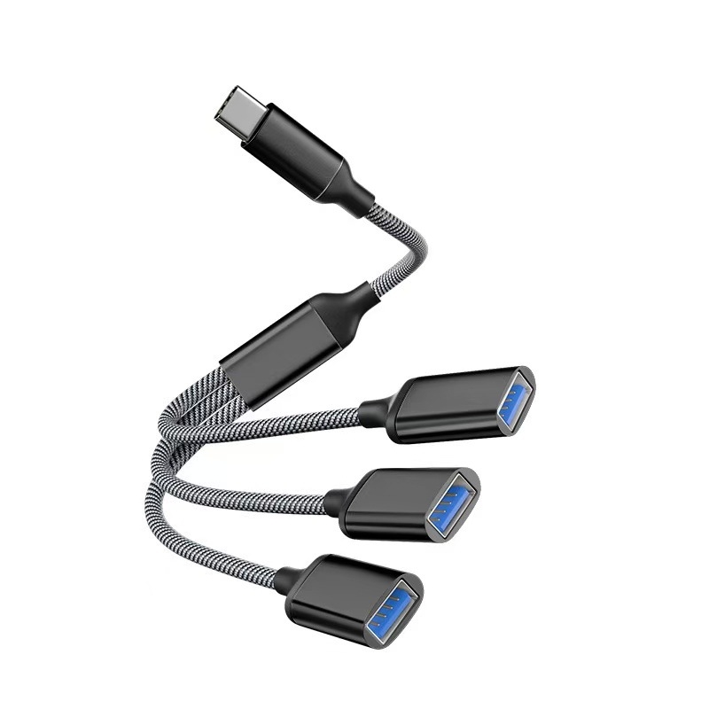 USB-C 3-port OTG hub, USB 2.0 interfeisas, varinis branduolys kabelis, 28 cm ilgis