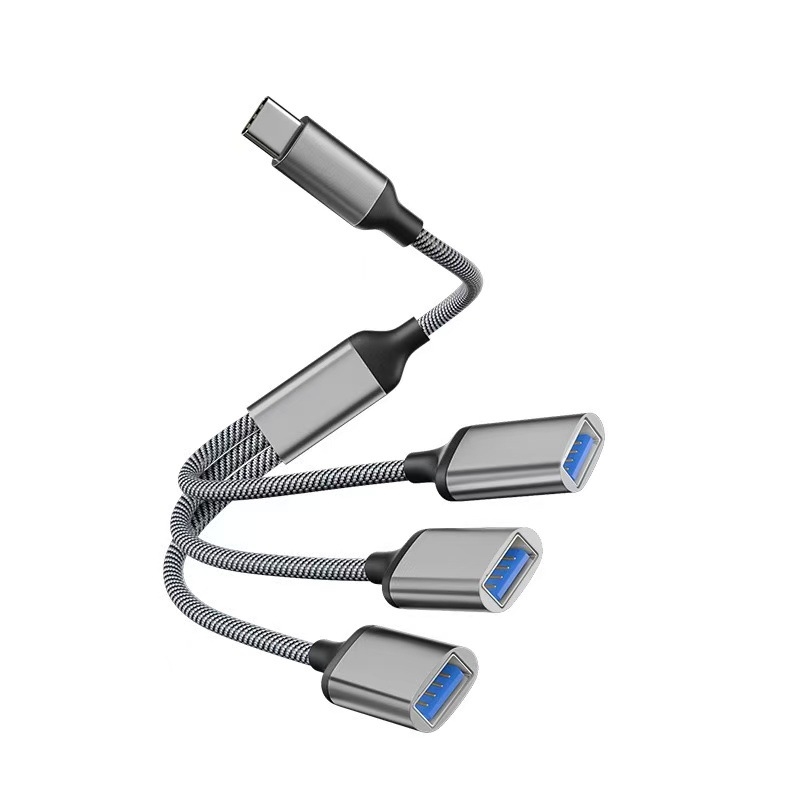 USB-C 3-port OTG hub, USB 2.0 interfeisas, varinis branduolys kabelis, 28 cm ilgis
