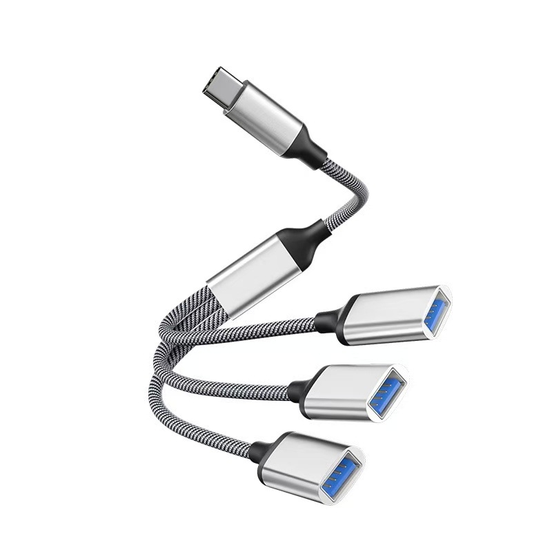 USB-C 3-port OTG hub, USB 2.0 interfeisas, varinis branduolys kabelis, 28 cm ilgis