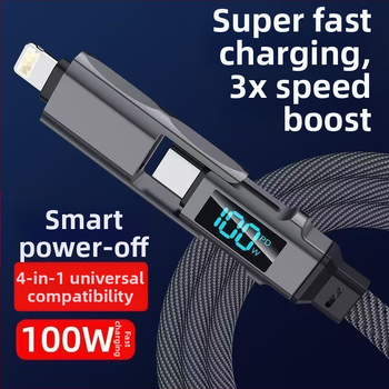 65W skaitmeninis kabelis su ekranu, 4-in-1 USB-C ir Lightning, cinko lydinys, dviejų išėjimų