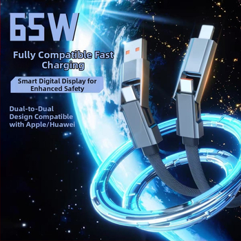65W цифров дисплей 4-в-1 USB-C и Lightning кабел, цинкова сплав, двойни изходи