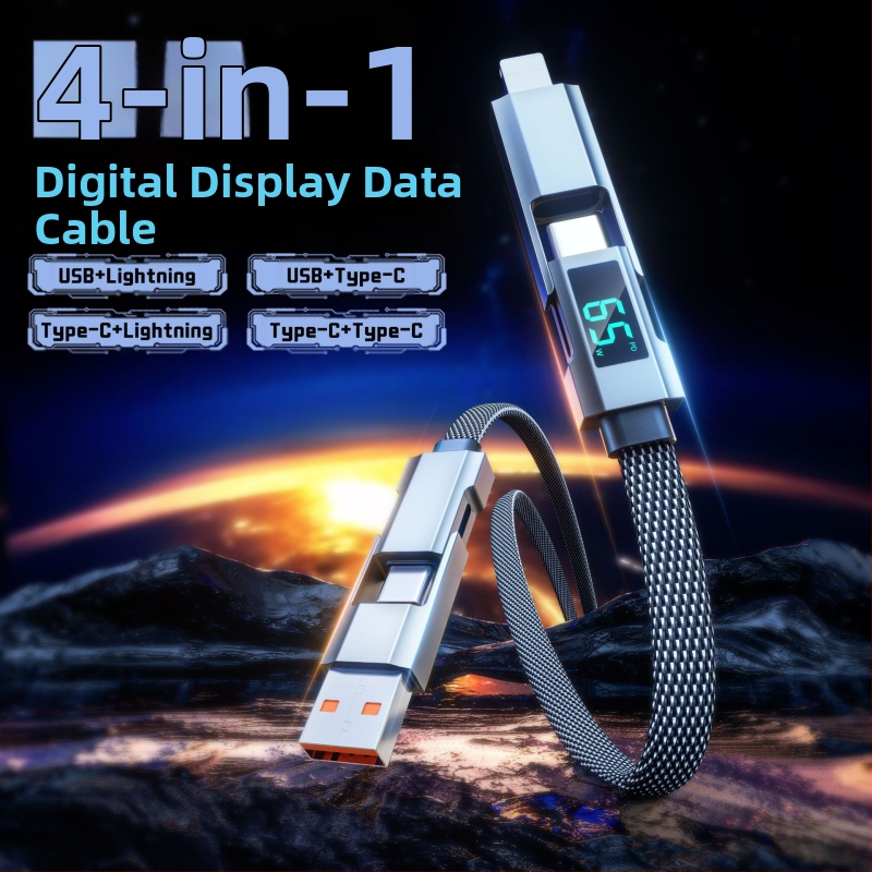 65W digitálny kábel s displejom, 4-v-1 USB-C a Lightning, zinková zliatina, dvojité výstupy