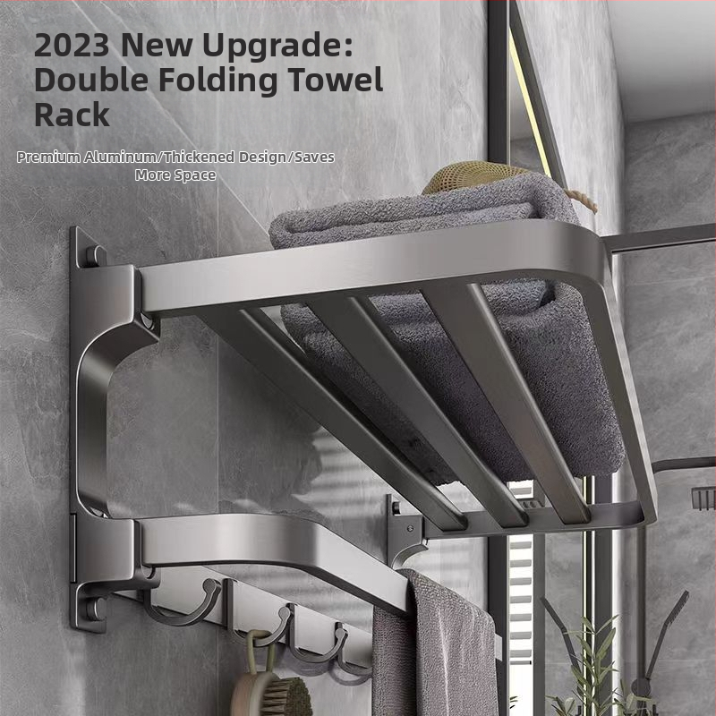 Space алуминиев закачалник за кърпи, стенен без пробиване, 2 нива, товароподемност над 15 кг, модел 2023 – ново подобрение на двойно сгъваем дизайн
