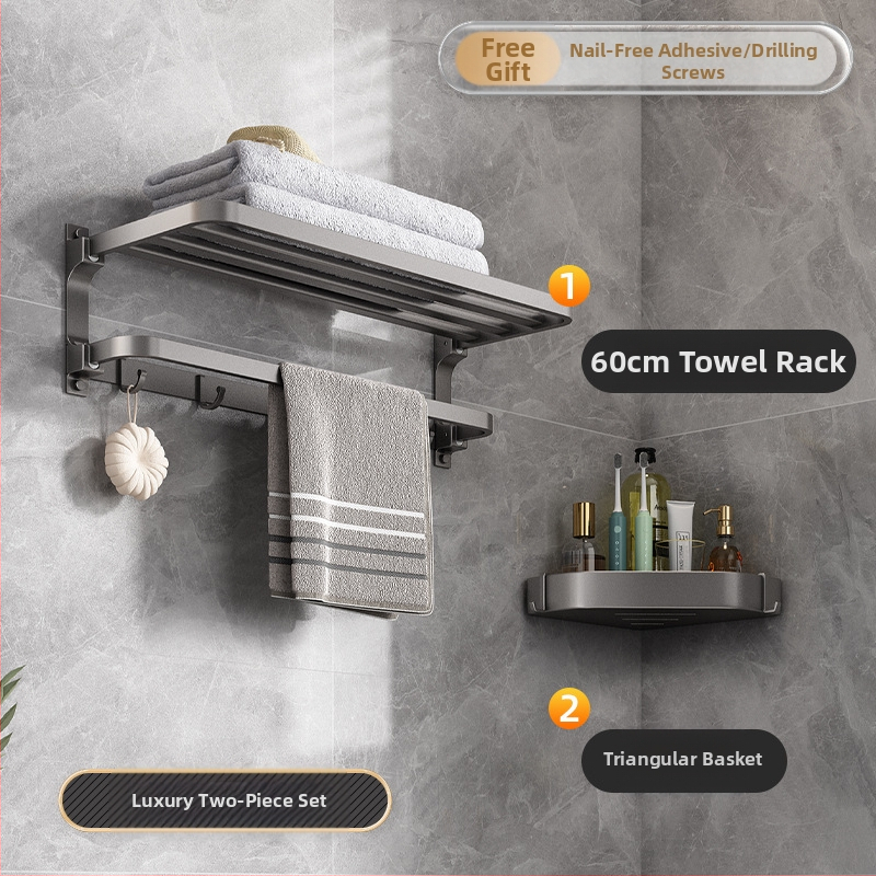 Space aliuminio rankšluosčių laikiklis, sieninis be skylu, 2 sluoksniai, apkrova >15 kg, 2023 m. naujai patobulintas dvigubo sulankstymo modelis, paviršiaus purškimo danga