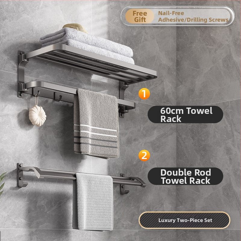 Space aliuminio rankšluosčių laikiklis, sieninis be skylu, 2 sluoksniai, apkrova >15 kg, 2023 m. naujai patobulintas dvigubo sulankstymo modelis, paviršiaus purškimo danga