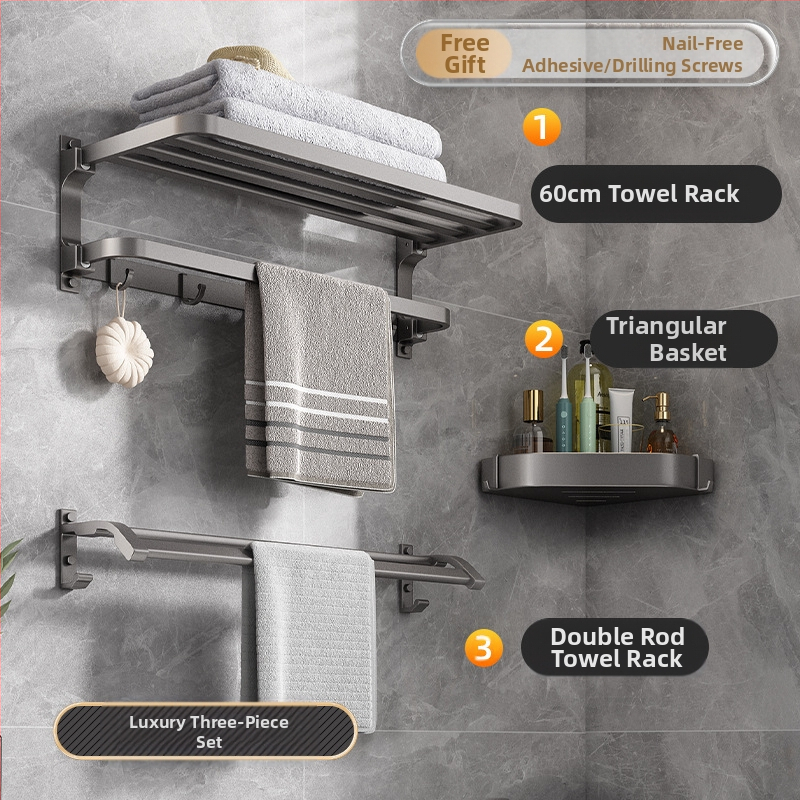 Space aliuminio rankšluosčių laikiklis, sieninis be skylu, 2 sluoksniai, apkrova >15 kg, 2023 m. naujai patobulintas dvigubo sulankstymo modelis, paviršiaus purškimo danga