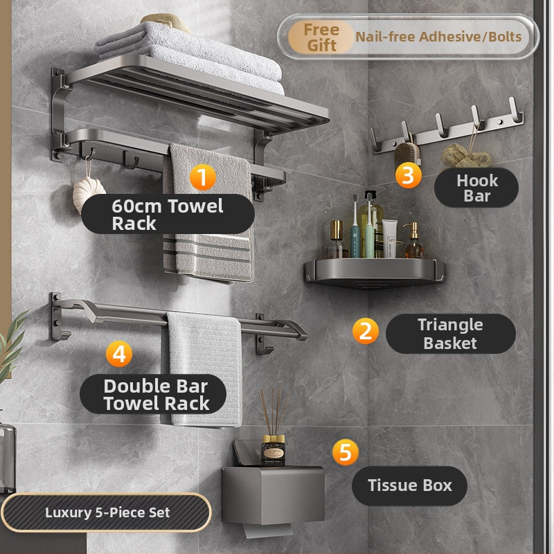 Space aliuminio rankšluosčių laikiklis, sieninis be skylu, 2 sluoksniai, apkrova >15 kg, 2023 m. naujai patobulintas dvigubo sulankstymo modelis, paviršiaus purškimo danga