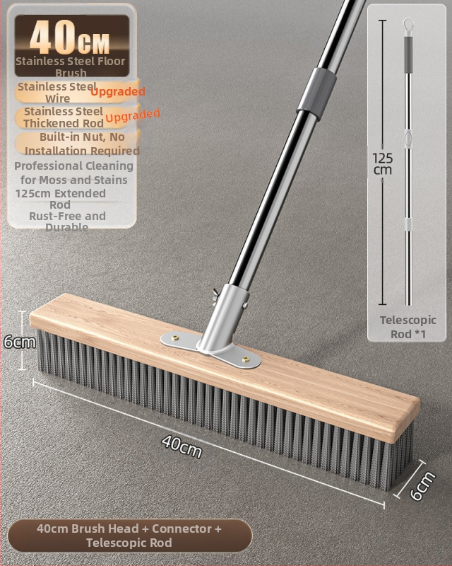 Nerūdijančio plieno vielinė grindų šluota su ilga rankena lauko sammalų šalinimui