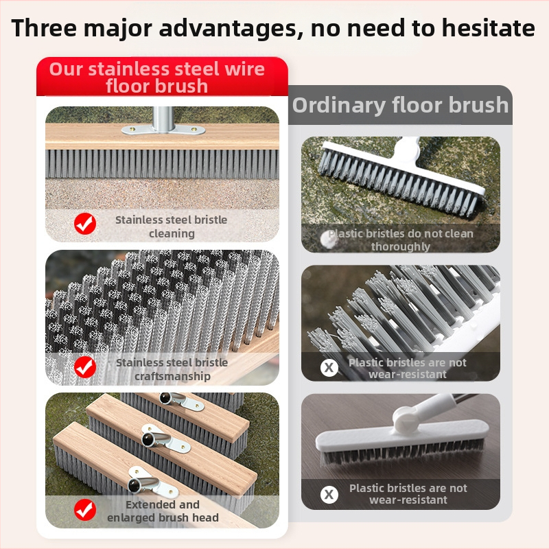 Nerūdijančio plieno vielinė grindų šluota su ilga rankena lauko sammalų šalinimui