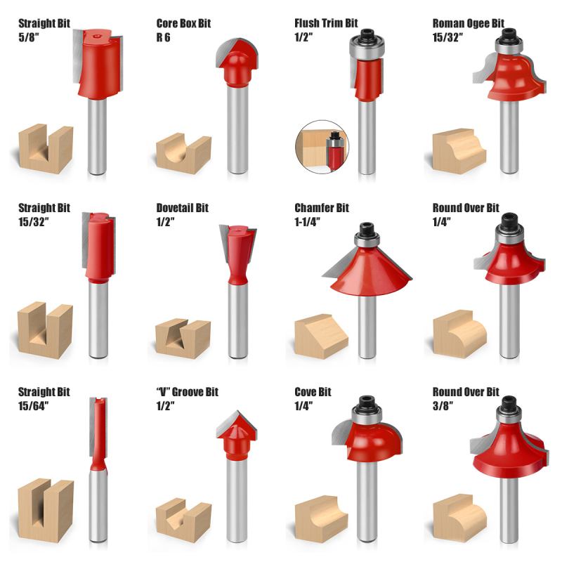 12-частен комплект дървообработващи фрези, за дърво, MDF и ламинирани плочи, гравиране и обработка на кантове