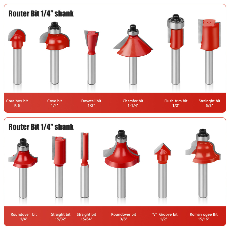 12-частен комплект дървообработващи фрези, за дърво, MDF и ламинирани плочи, гравиране и обработка на кантове