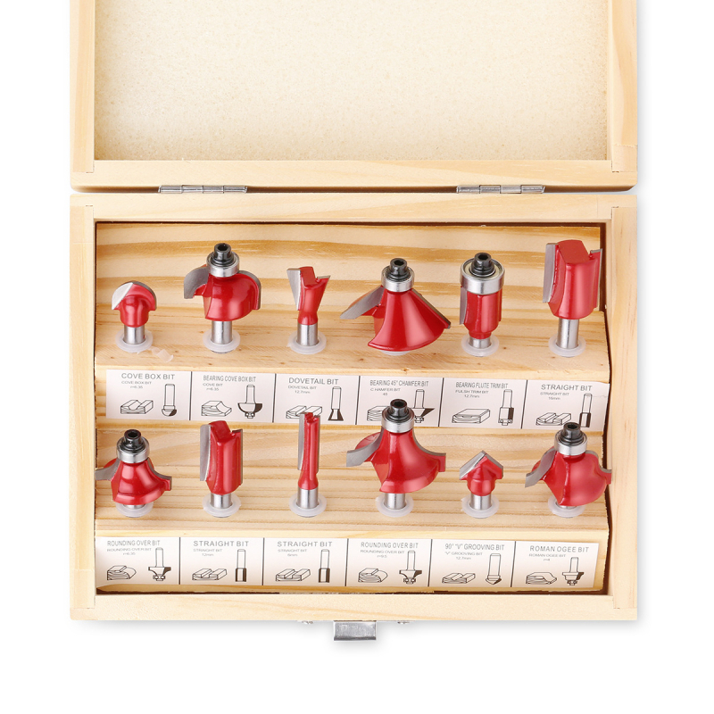 12-частен комплект дървообработващи фрези, за дърво, MDF и ламинирани плочи, гравиране и обработка на кантове