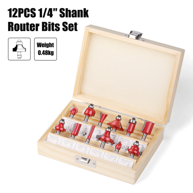 12-частен комплект дървообработващи фрези, за дърво, MDF и ламинирани плочи, гравиране и обработка на кантове