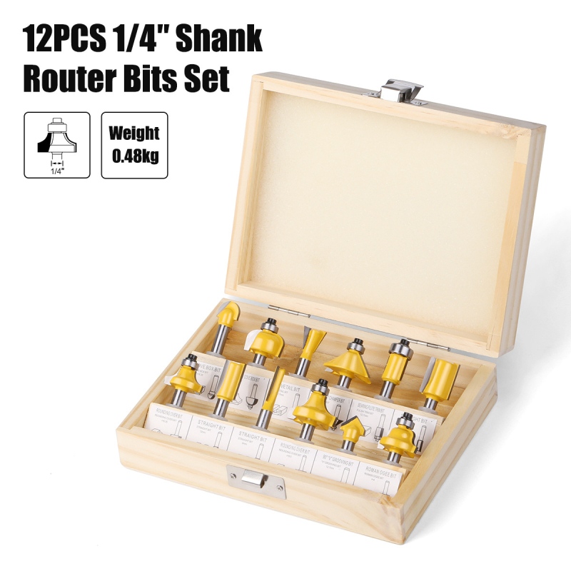 12-частен комплект дървообработващи фрези, за дърво, MDF и ламинирани плочи, гравиране и обработка на кантове