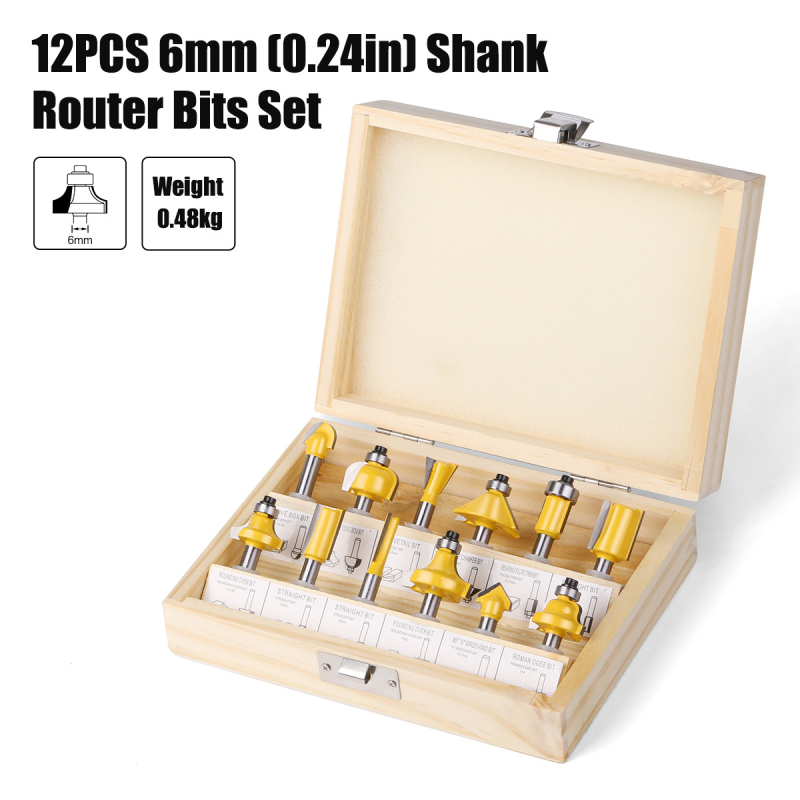 12-частен комплект дървообработващи фрези, за дърво, MDF и ламинирани плочи, гравиране и обработка на кантове