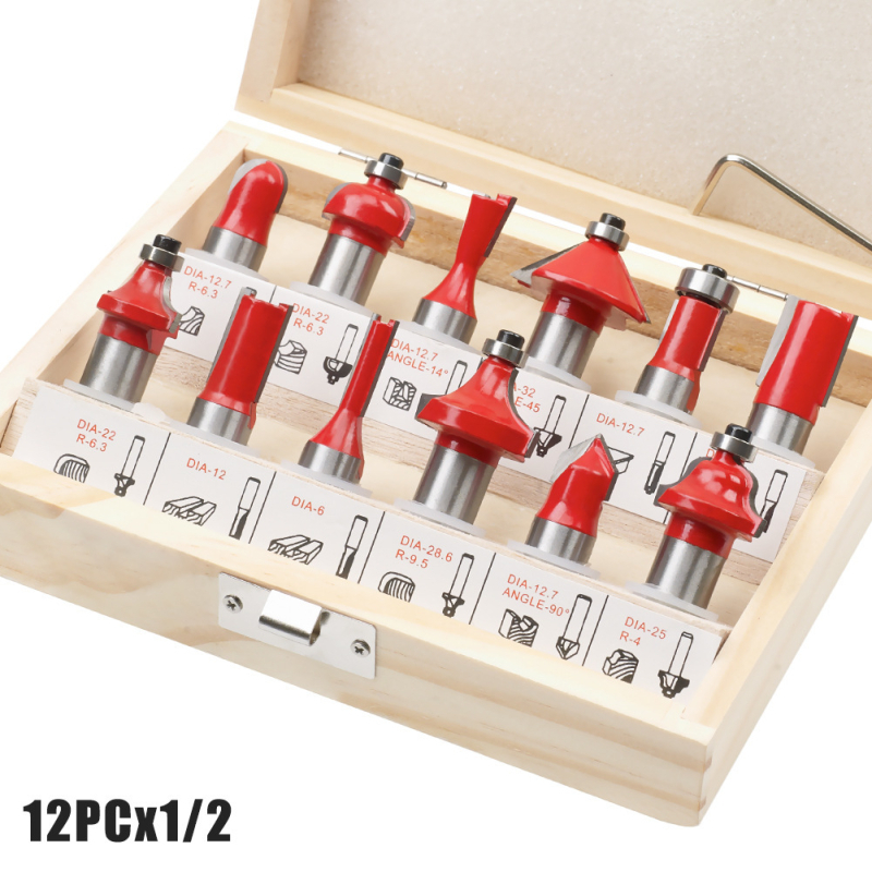 12-частен комплект дървообработващи фрези, за дърво, MDF и ламинирани плочи, гравиране и обработка на кантове