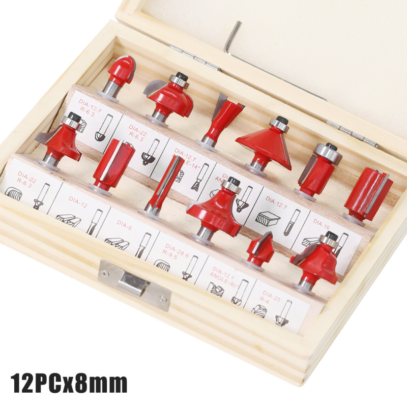 12-частен комплект дървообработващи фрези, за дърво, MDF и ламинирани плочи, гравиране и обработка на кантове