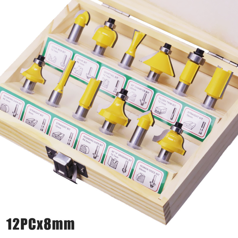 12-частен комплект дървообработващи фрези, за дърво, MDF и ламинирани плочи, гравиране и обработка на кантове