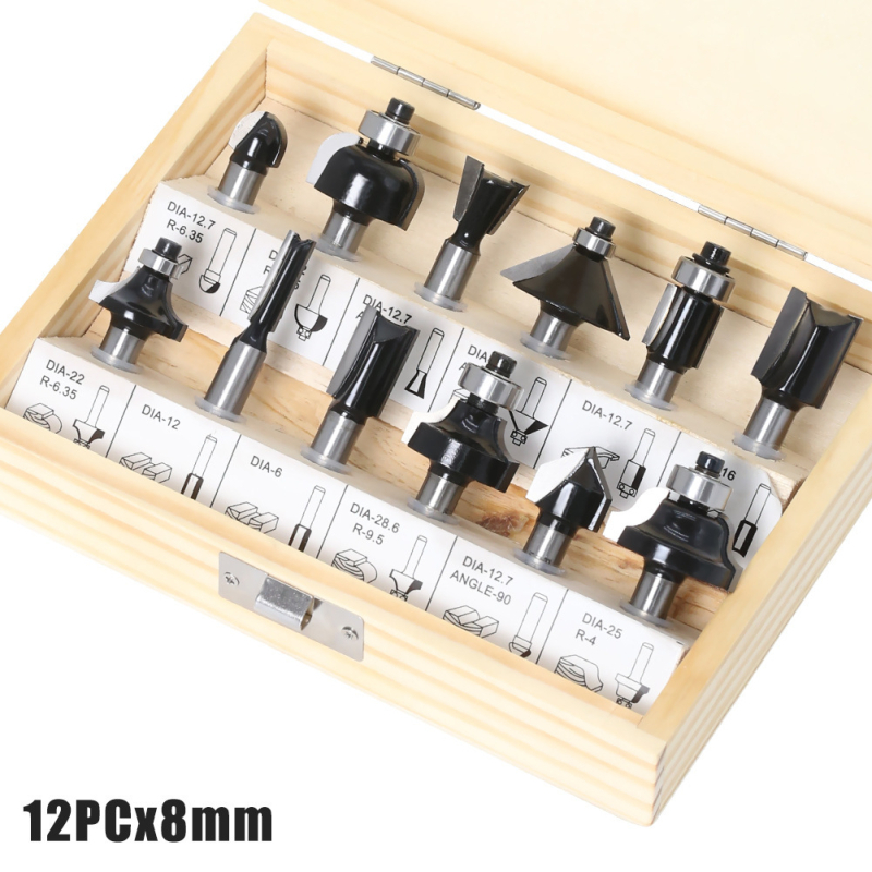 12-частен комплект дървообработващи фрези, за дърво, MDF и ламинирани плочи, гравиране и обработка на кантове