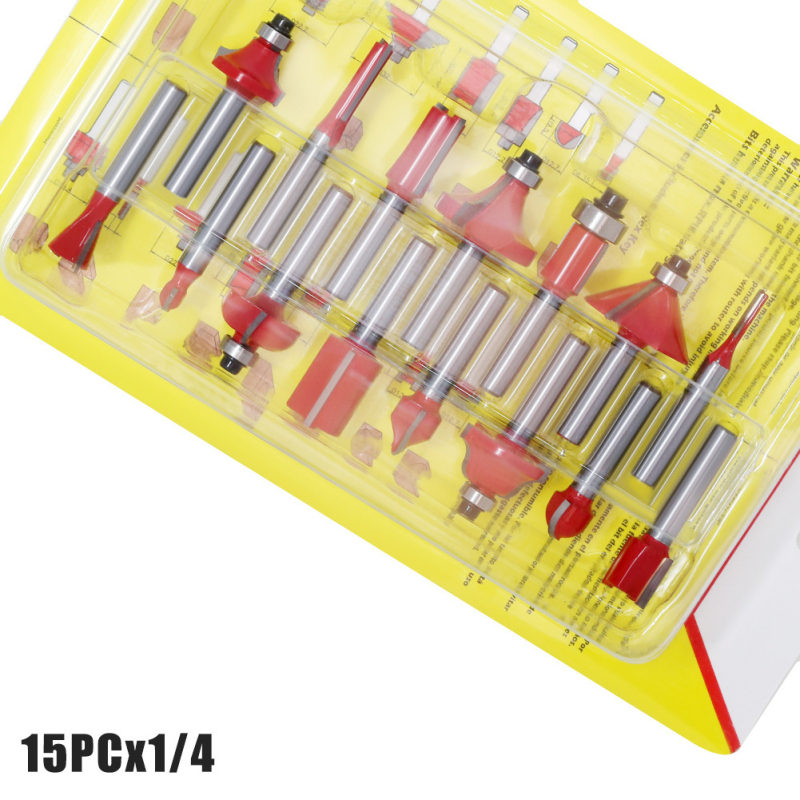 12-частен комплект дървообработващи фрези, за дърво, MDF и ламинирани плочи, гравиране и обработка на кантове