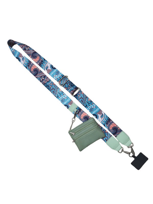 Mobiliojo telefono lanyard su nailono juosta, poliesterio virvė ir metalo sagtis; unisex cross-body dizainas; pridedamas pakabukas.