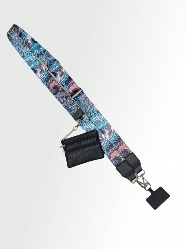 Mobiliojo telefono lanyard su nailono juosta, poliesterio virvė ir metalo sagtis; unisex cross-body dizainas; pridedamas pakabukas.