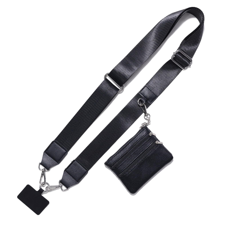 Mobiliojo telefono lanyard su nailono juosta, poliesterio virvė ir metalo sagtis; unisex cross-body dizainas; pridedamas pakabukas.