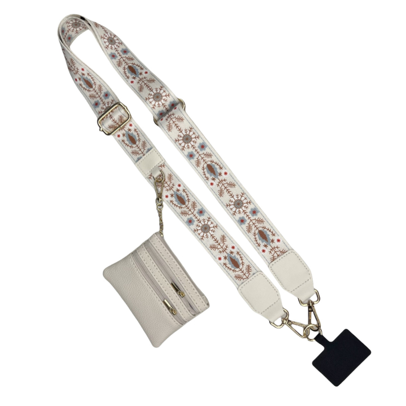 Mobiliojo telefono lanyard su nailono juosta, poliesterio virvė ir metalo sagtis; unisex cross-body dizainas; pridedamas pakabukas.