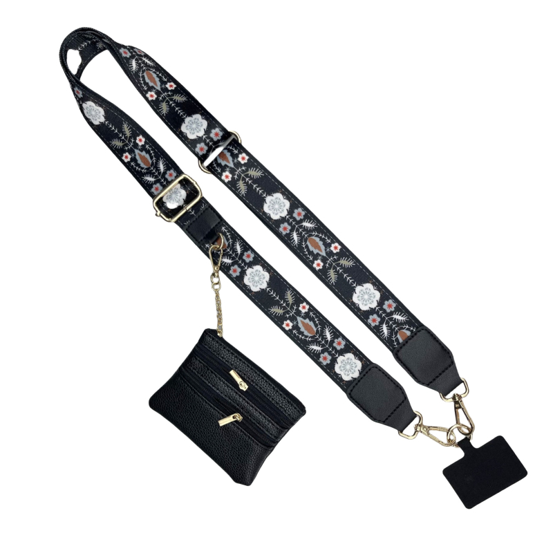 Mobiliojo telefono lanyard su nailono juosta, poliesterio virvė ir metalo sagtis; unisex cross-body dizainas; pridedamas pakabukas.